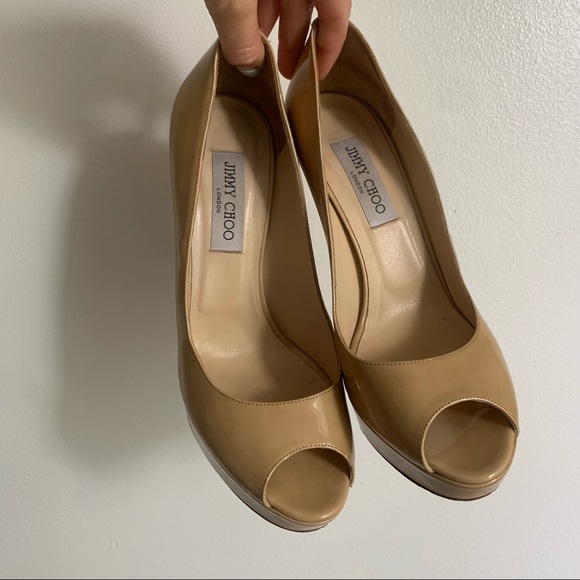 Jimmy Choo Patent Leather Nude Crown Open Toe Pump - Picture 3 of 9